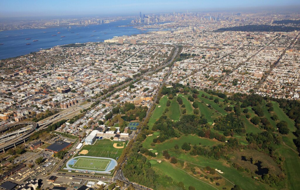 Aerial view of Poly Prep campus and surrounding parts of Brooklyn and New York City.