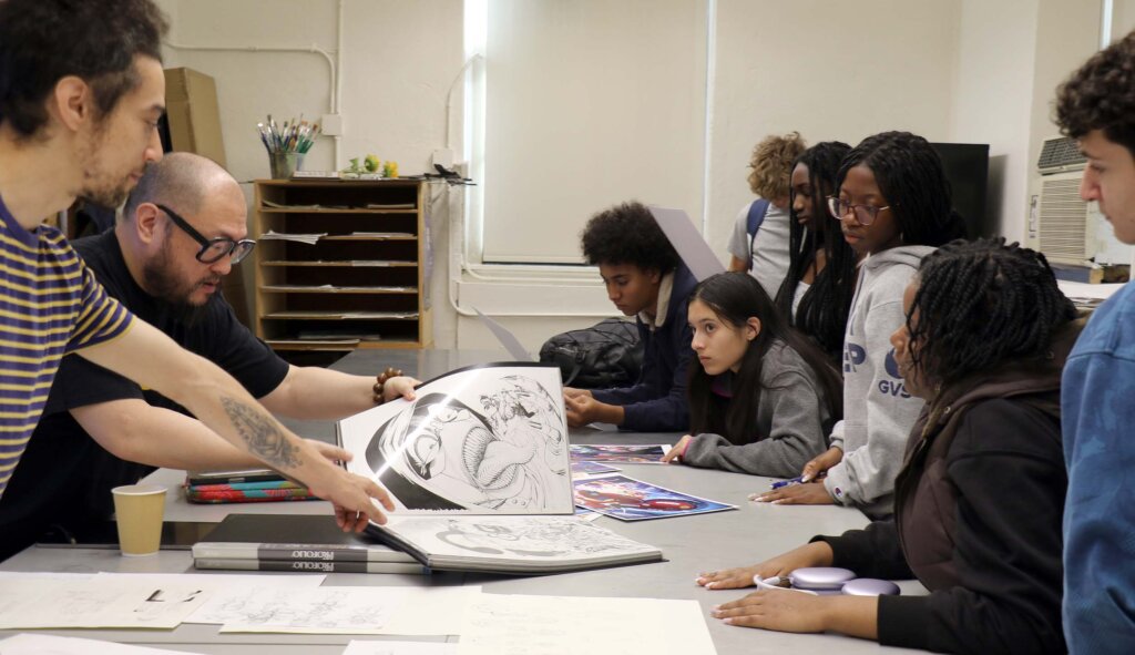 Bernard Chang working with Daniel Herwitt’s Upper School Graphic Novels class